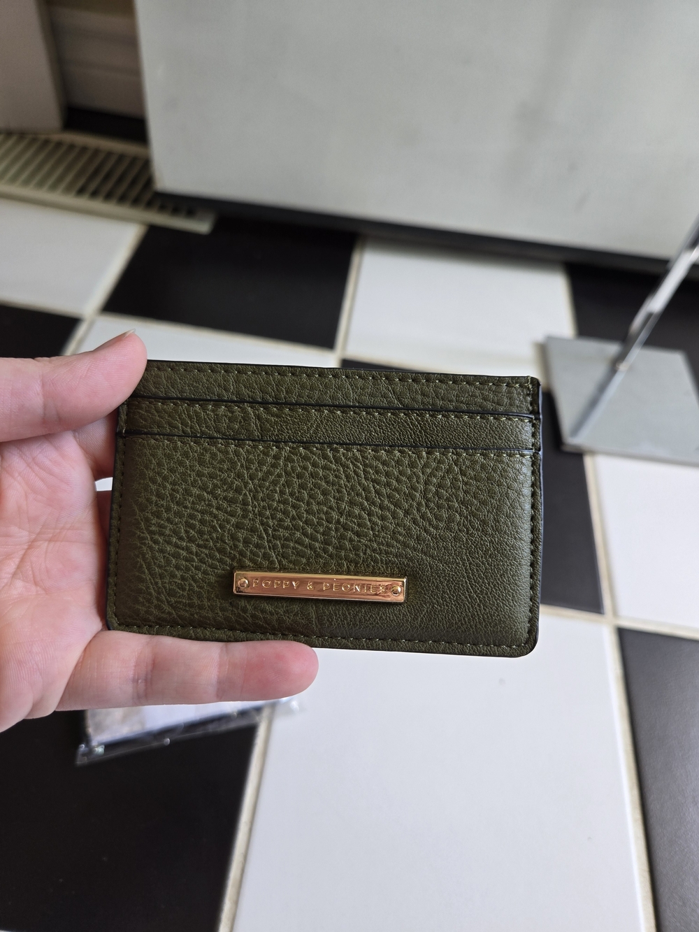 Poppy & Peonies Olive Green Pebbled Card Case with Gold Plate
